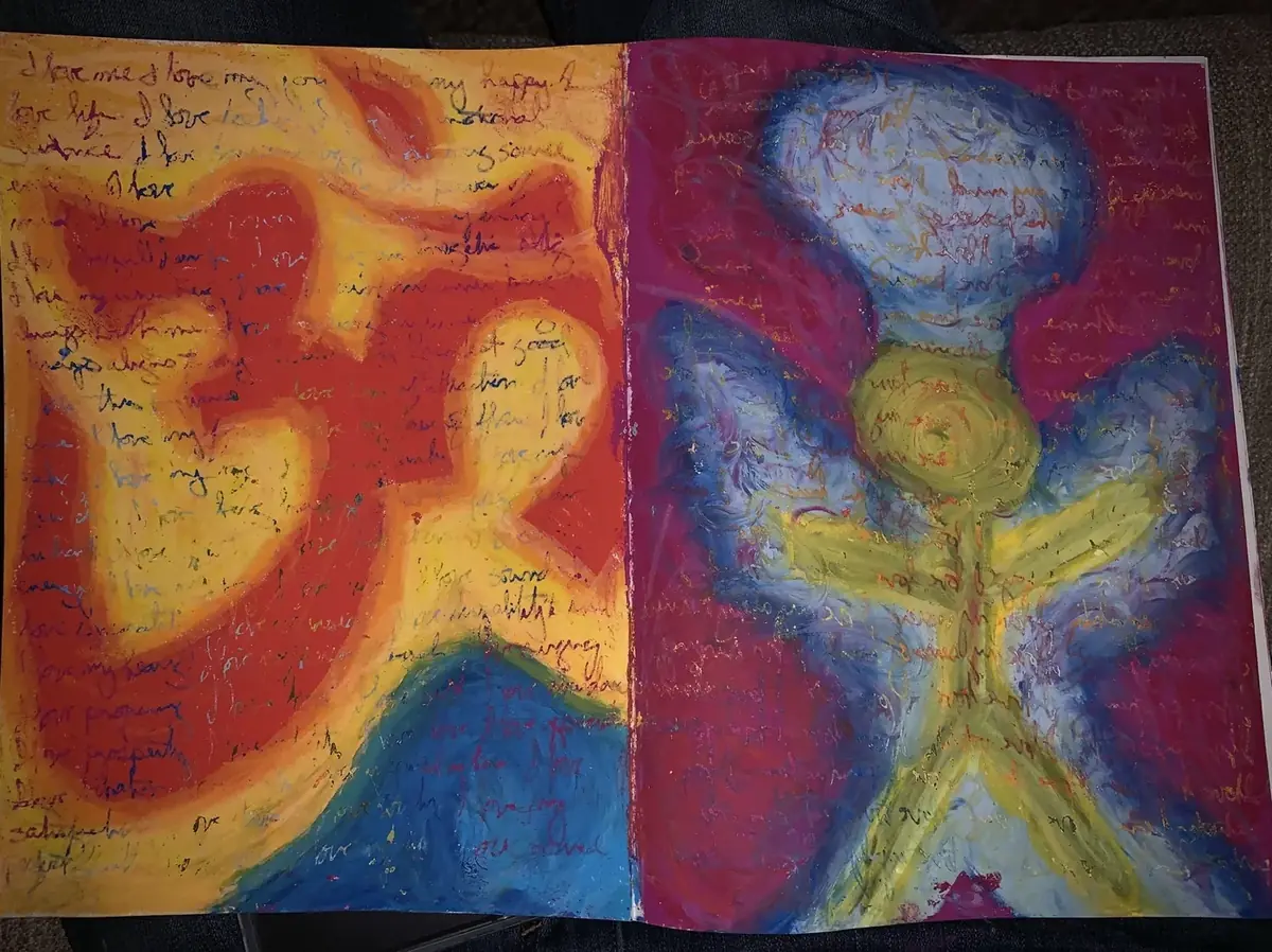 Before the cruise. Figures in warm and cool oil pastel, with journal writing running through them.