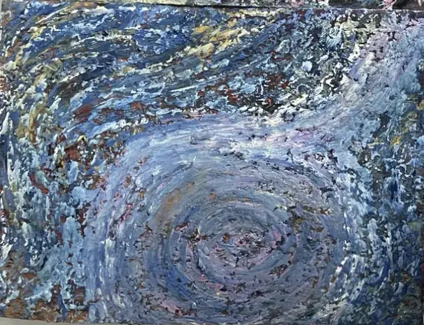 The painted surface. A spiral in blue and violet, worked over earlier layers. Part of this surface became the image below.