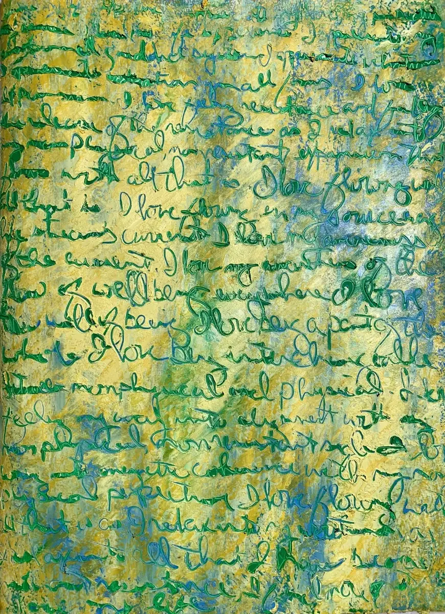 The same piece later. The carved words stand out in green.