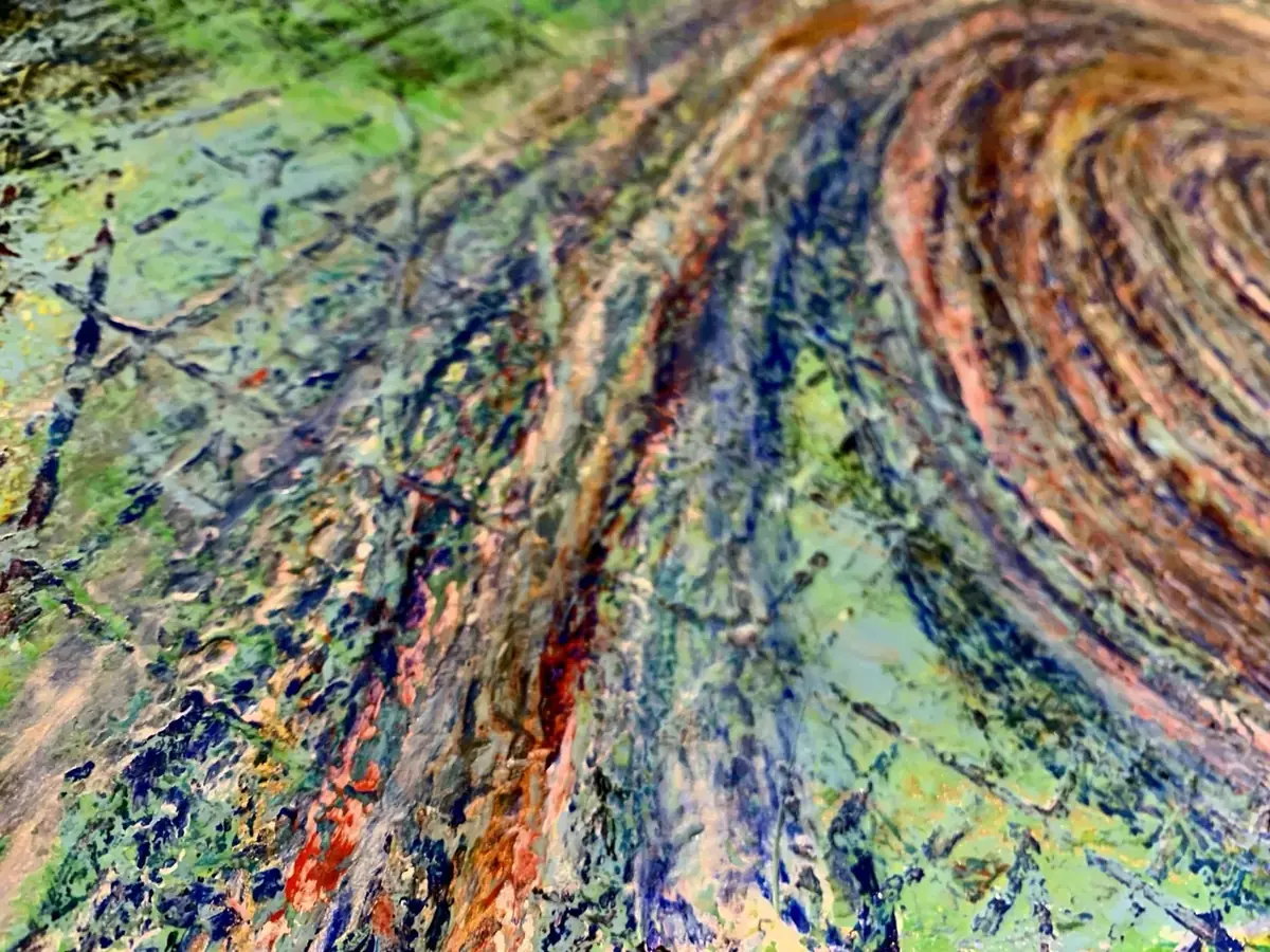 Later still, after more layers. A spiral has come up through the surface. The writing can’t be read anymore, but its ridges are under every stroke.